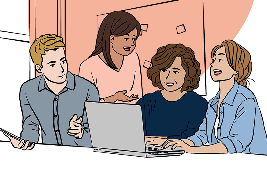 Illustration: Vier Menschen, davon drei weiblich- und ein männlich-gelesener Mensch, in einer Teambesprechung. Eine Person schreibt am Laptop. Die Stimmung erscheint aufgelockert und positiv.